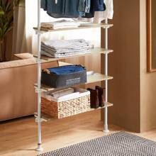 SoBuy Teleskopowy wieszak na ubrania z 1 drążkiem na ubrania i 5 półkami System szaf teleskopowych Regulowany wieszak na ubrania szer. 97 x wys. (193-262) cm Biały i naturalny - Biały - Zobacz 6