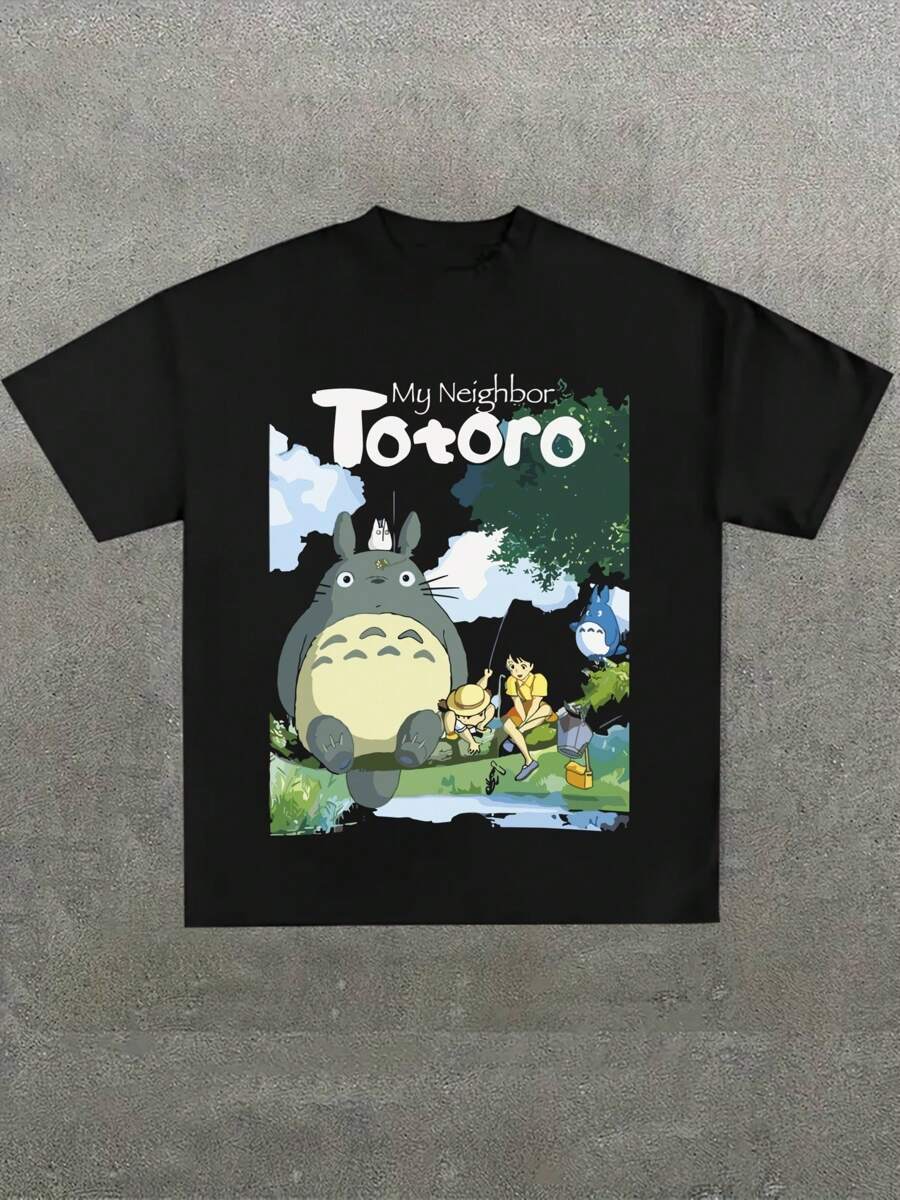 Studio Ghibl.I My Neighbor Totor.O Hayao Miyazaki  ,Casual Print,Comfortable And Versatile,Letter Pattern Pure Cotton 220g Printed T-Shirt - 黑色 - 查看 1