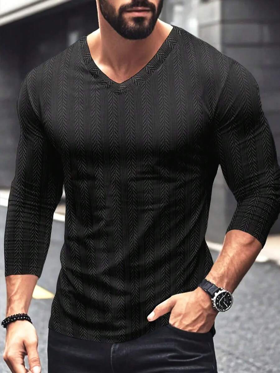 男士 V 领长袖 T 恤 - 休闲黑色提花针织，弹性轻盈，适合春秋季户外穿着