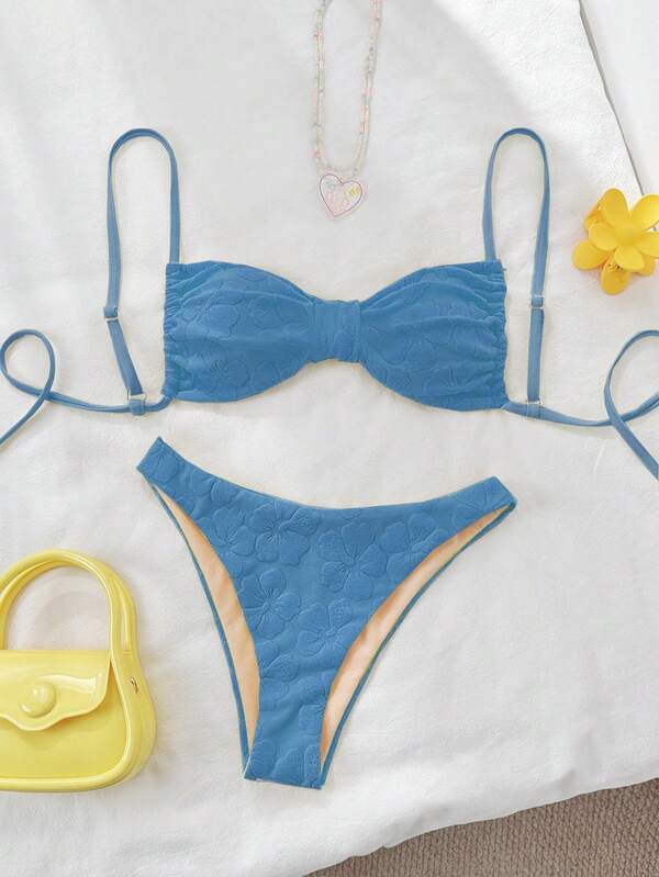 2 szt. damski strój plażowy na lato, kostium kąpielowy z żakardową tkaniną, cienki pasek na górze i regularne trójkątne majtki, zestaw bikini na ramiączkach spaghetti