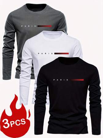 3 pièces/set T-shirts à manches longues et col rond imprimés décontractés pour étudiants préadolescents, automne/hiver