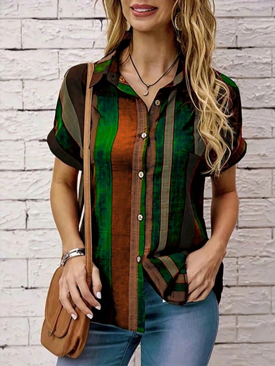 Women Striped Print Short Sleeve Blouse - Green - View 1