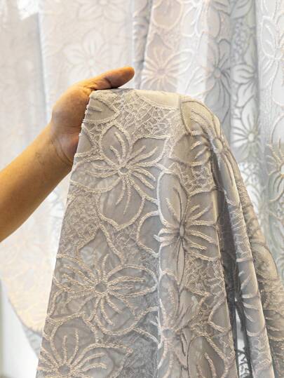 1pc European Style Flocked Floral Curtain, Thickened Semi-Sheer Partition Curtain For Living Room, Bedroom, Balcony, Dining Room, Simple Elegant Gray Color Home Decor