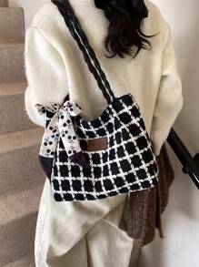 Bolso de tela con decoración minimalista de mariposa, bolso de hombro de estilo universitario casual, colocación aleatoria de mariposas (color/patrón de pañuelo aleatorio) - Blanco y Negro - Ver 4