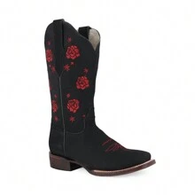 Botas Vaqueras para Mujer con Bordado Floral de Media Pantorrilla, Comodas en Piel de Res Autentica - Negro - Ver 4