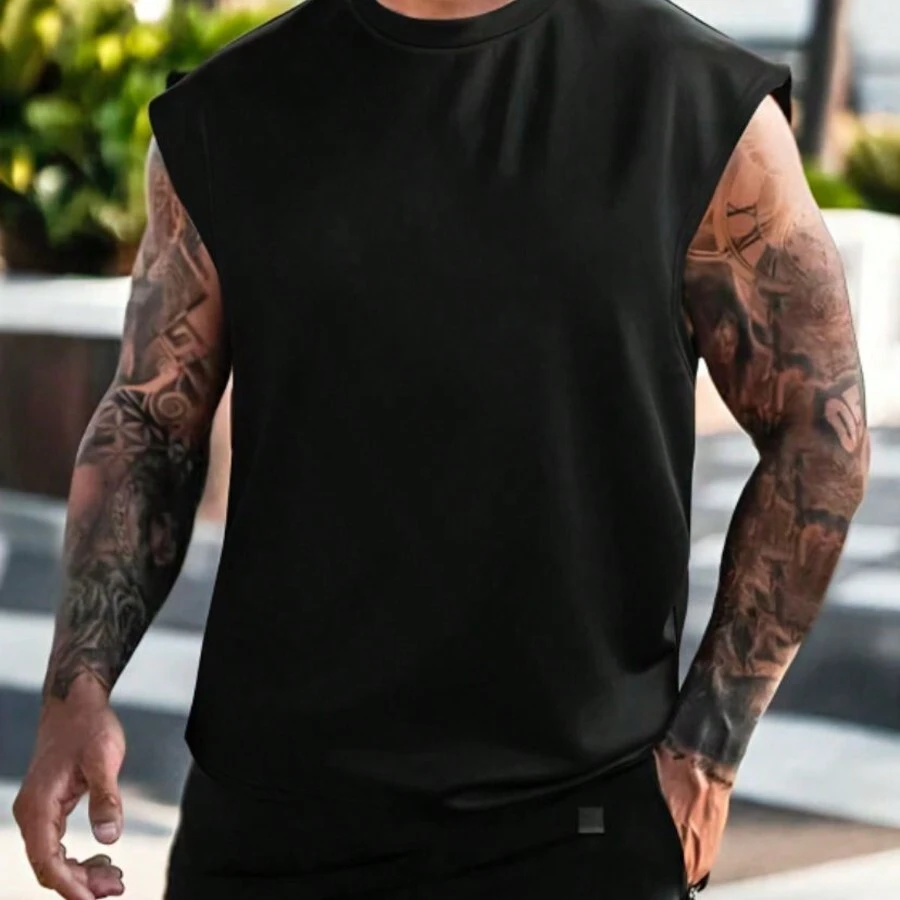 Oversized T-Shirt Tank Top Streetwear Men's Shirt Summer Style Beach Summer Cropped Top Unisex Wide Cotton Gym - 黑色 - 查看 1