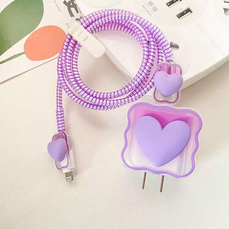 5pcs Purple Heart Protective Sleeve Coiled Cord Compatible With IPhone 18W/20W Fast Charger Soft Case, Ideal Gift Compatible With IPhone 16/15/14/13 Charger Protector