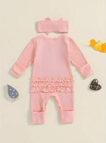 Baby Girls Casual Long Sleeve Jumpsuit Crew Neck Letter Print Bodysuit Rompers With Headband For Spring Autumn - Watermelon Pink - View 3