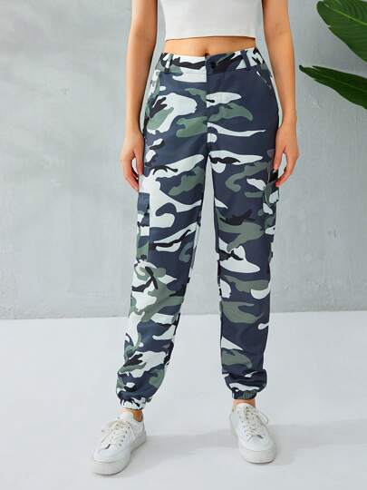 Women Camouflage Pants L-3XL Loose Trousers High Waist Elastic Band Cargo Pants