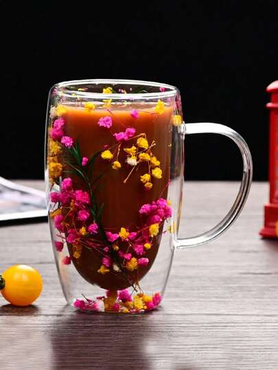 1 pieza Taza de café de vidrio con doble capa y capacidad de 450ml con diseño floral único - Vaso de vidrio hueco transparente apto para té, bebidas - Taza de vidrio elegante de doble capa, adecuada para cafetería, hogar, restaurante, fiesta, oficina, regalo para el Día del Padre, regalo para el Día de la Madre, regalo para amigos, novio, novia, familia, maestro, compañero de trabajo