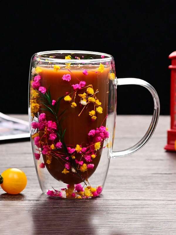 1 个 450 毫升大容量干花双层玻璃咖啡杯 - 透明空心玻璃容器，用于茶、饮料 - 独特的花卉设计，优雅的双层玻璃杯，适用于咖啡馆、家庭、餐厅、派对、舞会、办公室、父亲节礼物、母亲节礼物、送给朋友、男朋友、女朋友、家人、老师、同事的礼物