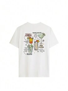 Camiseta de manga corta con cuello redondo, estampado de cóctel y eslogan para mujer. Estilo casual, suelto y versátil para vacaciones. Conjunto de moda de verano adecuado para el uso diario de vacaciones