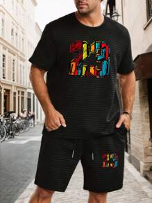 Men's Casual Sports Suit Set, Round Neck Short Sleeve Fashion Printed T-Shirt & Elastic Waist Sports Shorts With Pockets, Knitted Jacquard Fabric - Black - View 3