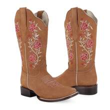 Botas Vaqueras para Mujer con Bordado Floral de Media Pantorrilla, Comodas en Piel de Res Autentica - Miel - Ver 7