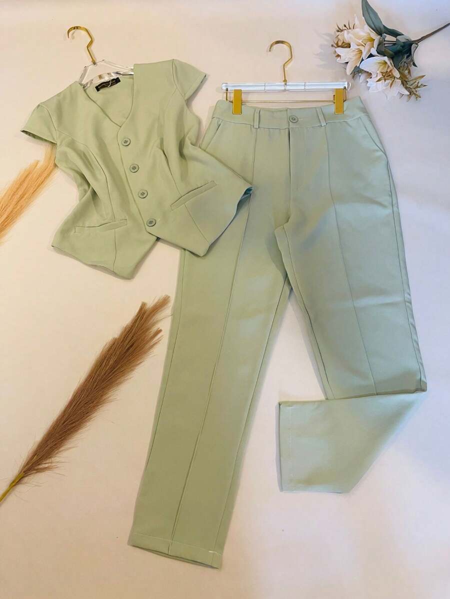 Women's Tailored Set Blouse With Straight Trousers - 橄欖綠 - 查看 1