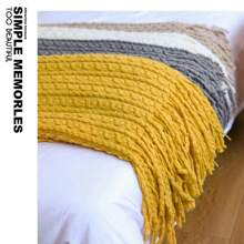 1 Pc Comfortable Nordic Style Knitted Sofa Blanket With Tassels - Stain Resistant, Handwash, All Season Polyester Cozy Design, Suitable For Sofa, Bed, Office And Travel