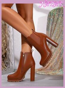 女士圆头侧拉链舒适高跟踝靴，切尔西通勤百搭PU短靴，秋冬季，女士厚底高跟鞋 - 棕色 - 查看 8