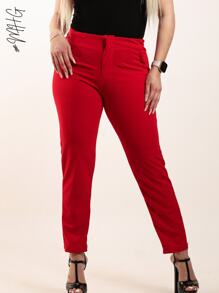 Pantalon de Vestir de Pinzas Estilizado Formal y Elegante para Mujer/Dama Para Trabajo, Oficina o Salida Formal / Semi Formal Corte Slim con Bolsillos Falsos Unicolor - Rojo - Ver 2