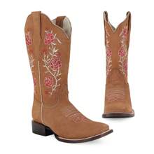 Botas Vaqueras para Mujer con Bordado Floral de Media Pantorrilla, Comodas en Piel de Res Autentica - Miel - Ver 3