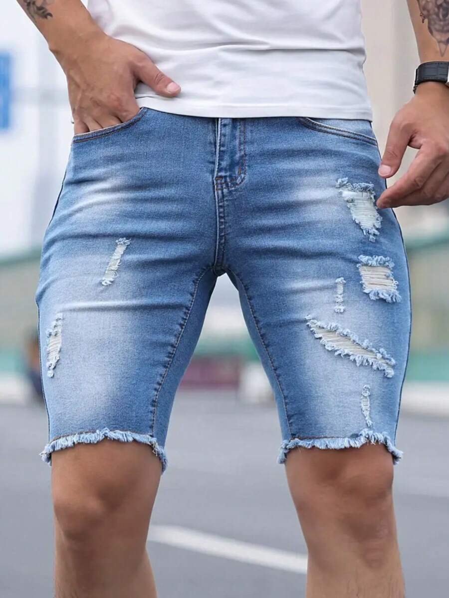 Men's Fashion Distressed Hem Elastic Denim Shorts Jorts - Light Wash - View 1