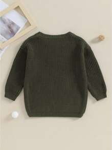 Toddler Baby Girl Boy Long Sleeve Knit Sweater Brothers Letter Embroidery Round Neck Pullover Fall Winter Tops - 軍綠色 - 查看 4