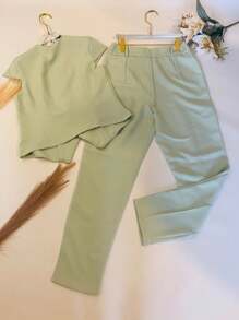 Women's Tailored Set Blouse With Straight Trousers - 橄欖綠 - 查看 5