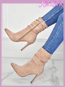 女士秋冬尖头褶皱侧拉链时尚高跟靴，仿鹿皮材质，10厘米优雅户外修身小腿靴，派对靴 - 卡其色 - 查看 6