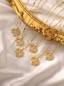 1件优雅锆石心形花朵字母吊坠项链，浪漫金色不锈钢链条字母项链，时尚饰品，圣诞礼物 - 字母 - 查看 2