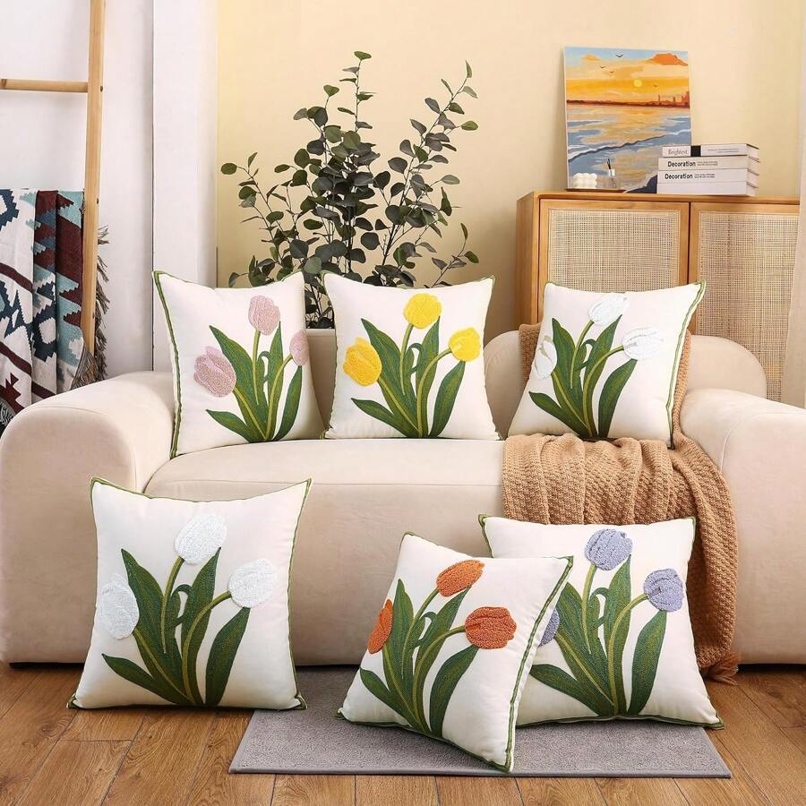 1 件郁金香花朵抱枕套，3D 刺绣图案，四季通用抱枕套，适用于沙发、卧室、客厅、户外花园装饰、婚礼客厅装饰。房间装饰用品、家居装饰、客厅装饰、抱枕、枕套（粉色、橙色、黄色、紫色）（不含内衬） - 彩色 - 查看 1