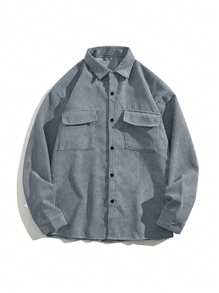 Men's Corduroy Turndown Collar Military Style Long Sleeve Shirt, Loose Fit Versatile Casual Outer Wear, Spring Autumn