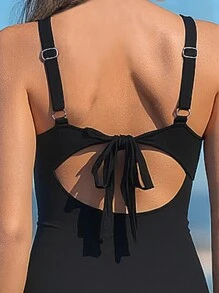 新款时尚女式简约纯色交叉褶饰绑带性感连体泳衣，适合夏季海滩度假 - 黑色 - 查看 9