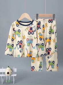 2pcs/Set Young Boys Spring/Autumn Thin Sleepwear, Excavator Print Long Sleeve Top And Pants Homewear Set With Cartoon Print