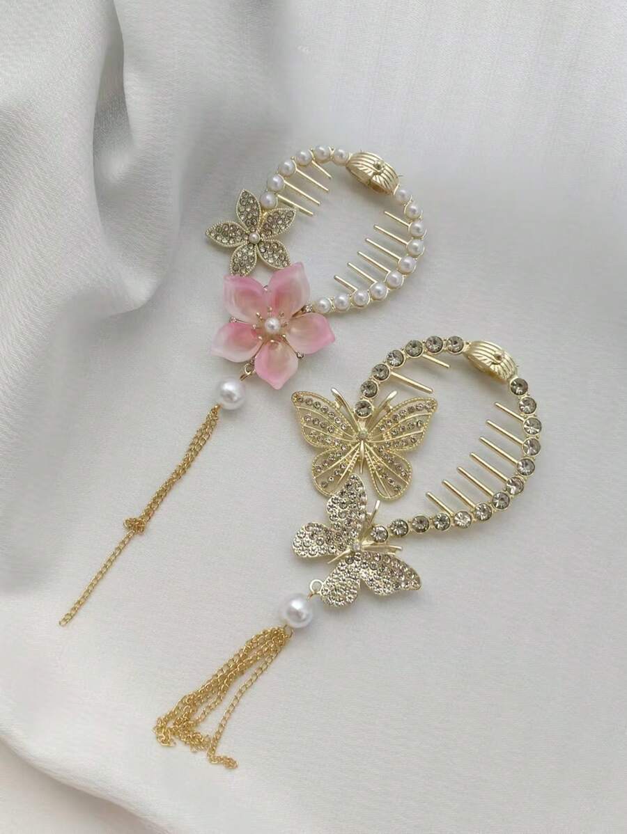 2 件装珍珠和水钻发夹爪，珍珠流苏发带夹，女士发饰礼物，适合日常发型设计 - 彩色 - 查看 1