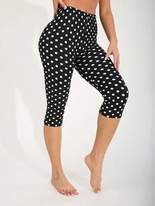 Women's Casual Sports Black Leggings With White Polka Dot Print Pattern, Stretchy And Comfortable For Fitness, Running, Weightlifting, Yoga, Outdoor Activities, Suitable For Spring/Summer