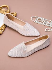 Women's Autumn New Outdoor Pointed Toe Flats, Beige Color Striped Canvas Soft Bottom Daily Work Driving Moccasin Loafer - Beige Stripes - View 8