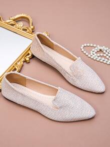 Women's Autumn New Outdoor Pointed Toe Flats, Beige Color Striped Canvas Soft Bottom Daily Work Driving Moccasin Loafer - Beige Stripes - View 7