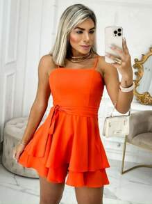 Short Strappy Jumpsuit Dress Summer Christmas New Year Party Beach Dress With Padded Bra - 橘色 - 查看 3
