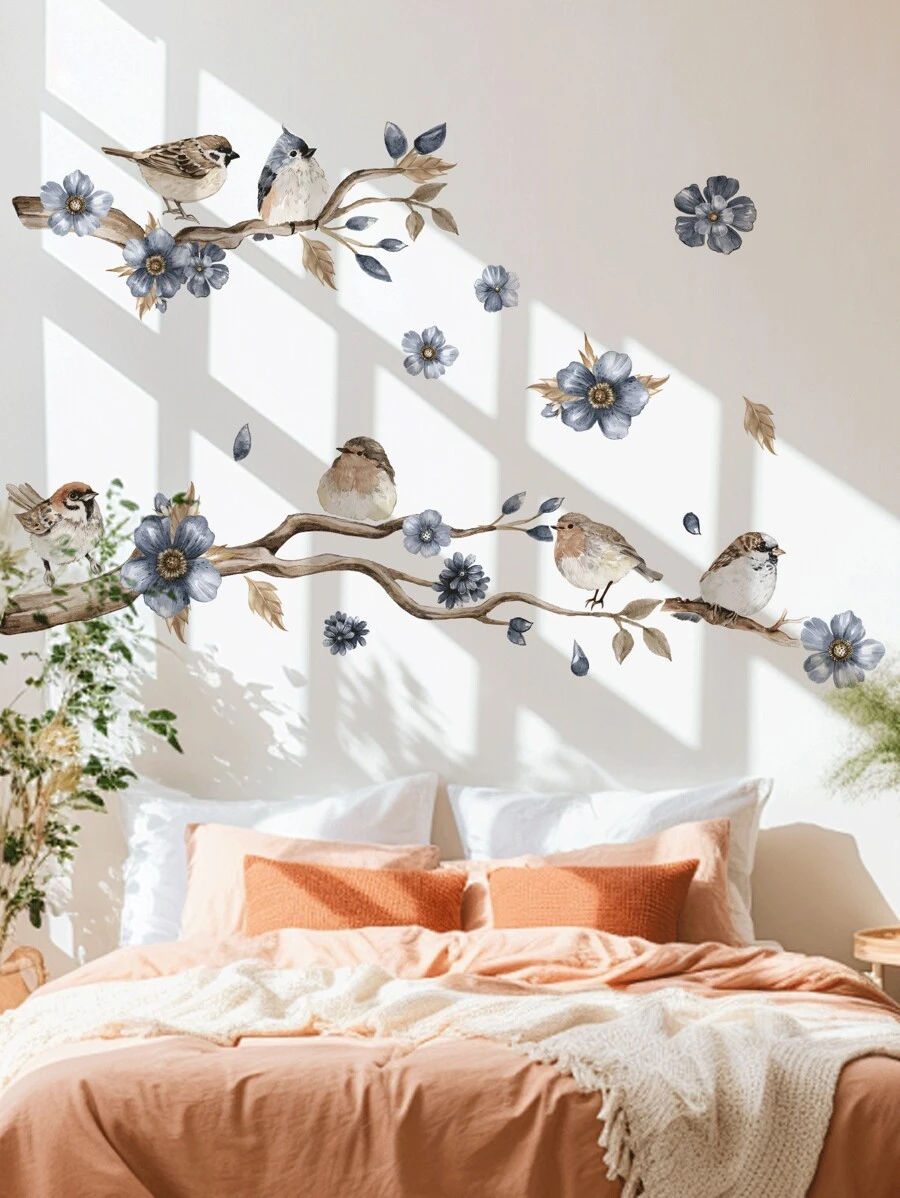 mama look 1 件中国风鸟、树枝和花朵墙贴花，客厅、门厅、卧室装饰墙贴，可移除 PVC 壁纸房间装饰家居装饰墙壁装饰浴室装饰卧室装饰房间装饰用品客厅装饰家居装饰客厅墙纸贴纸个性化贴纸 - 彩色 - 查看 1