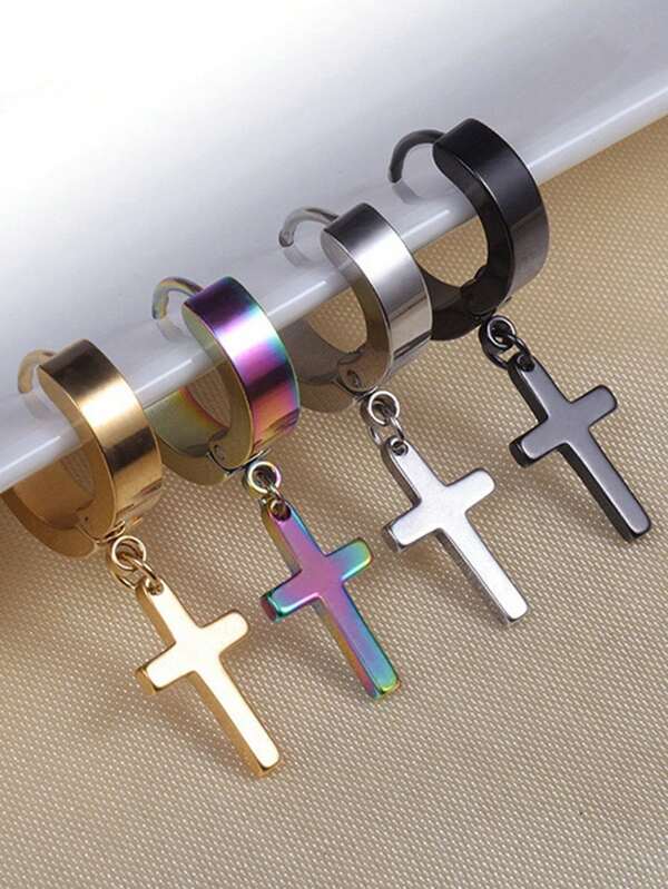 1 Pair Titanium Steel Cross Earrings For Men, Stainless Steel Punk Style Earrings