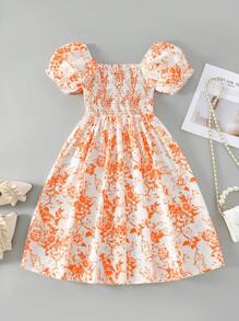 女童泡泡袖荷叶边花卉印花松紧腰公主裙，适合派对、海滩、度假、夏季