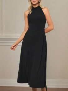 Women's Sleeveless Spaghetti Strap Peplum Dress, Elegant Business/Casual/Party Wear, Black Color, Zipper Back, Maxi Length, Summer