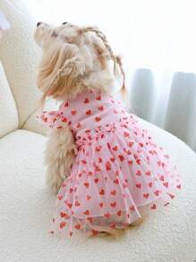 1 chiếc váy tay ngắn bằng vải lưới đính sequin in hình trái tim, nhẹ và mềm mại, thích hợp cho thú cưng như mèo và chó mặc vào mùa xuân/hè hoặc ngày Valentine. - Hồng - Xem 10