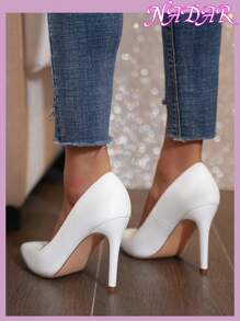 女士尖头细高跟浅口鞋，户外通勤绒面休闲鞋，春秋季 - 白色 - 查看 5