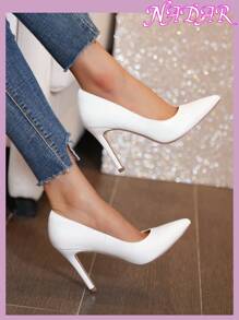 女士尖头细高跟浅口鞋，户外通勤绒面休闲鞋，春秋季 - 白色 - 查看 3