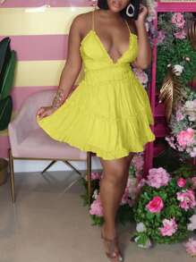 Women's Solid Color Ruffled Backless Sleeveless Beach Holiday Dress - 黃色 - 查看 5