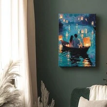 Wrapped Framed Canvas Vintage Print Wall Art Romantic Couple In Boat With Lanterns - Artful Home Decor For Living Room, Bedroom, Bathroom, Office