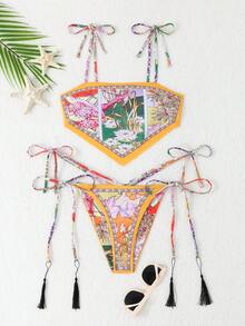 New European & American 2024 Sexy Patterned Bikini Two-Piece Set, In-Stock Direct Supply, For Summer Beach Vacation - Spaghetti Strap Lotus - View 5