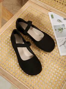 Plus Size 36-43 New Arrival Fashion Versatile Mary Jane Flat Shoes, Black Suede Fabric, Slip-On, Round Toe, Comfortable Slip-On Ballet Flats For Everyday & Work, Spring/Autumn