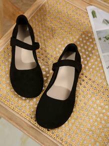 Plus Size 36-43 New Arrival Fashion Versatile Mary Jane Flat Shoes, Black Suede Fabric, Slip-On, Round Toe, Comfortable Slip-On Ballet Flats For Everyday & Work, Spring/Autumn