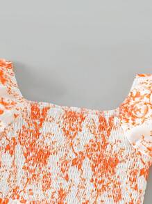 女童泡泡袖荷叶边花卉印花松紧腰公主裙，适合派对、海滩、度假、夏季